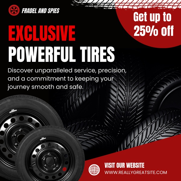 A 1:1 format promotional ad featuring a bold tire offer, high-contrast imagery, and a clear call to action for tire replacement services.