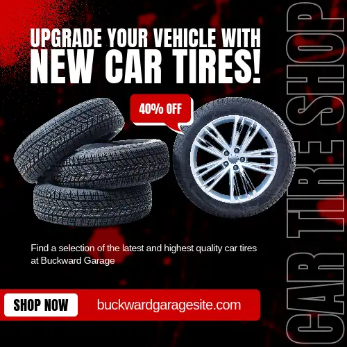 A promotional ad featuring a set of car tires and a prominent 40% off badge on a high-contrast black and red background.