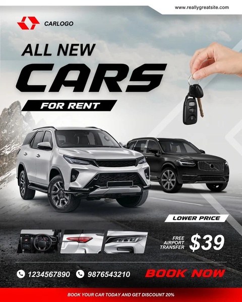 A promotional ad design showcasing rental car availability with a clear pricing incentive and direct call-to-action.