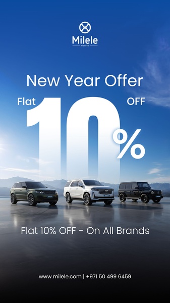 A vertical-format seasonal promotion featuring a lineup of high-end vehicles against a clear sky backdrop with a prominent 10% discount callout.