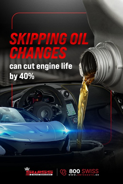 A high-contrast visual showing motor oil being poured into a car engine, highlighting the 40 percent engine life reduction risk.