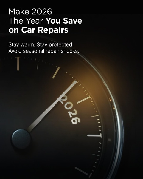 A minimalist, dark-mode creative featuring a speedometer needle pointing to 2026, positioning routine maintenance as a cost-saving strategy for the year ahead.