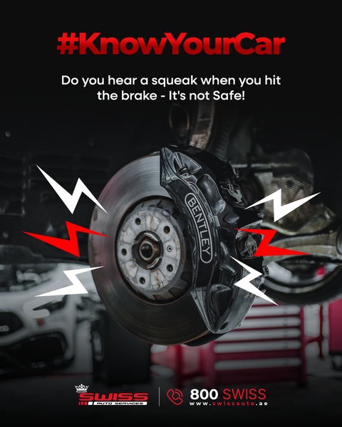 A high-contrast 4:5 visual featuring a brake disc and caliper with warning symbols to highlight safety risks from squeaking brakes.