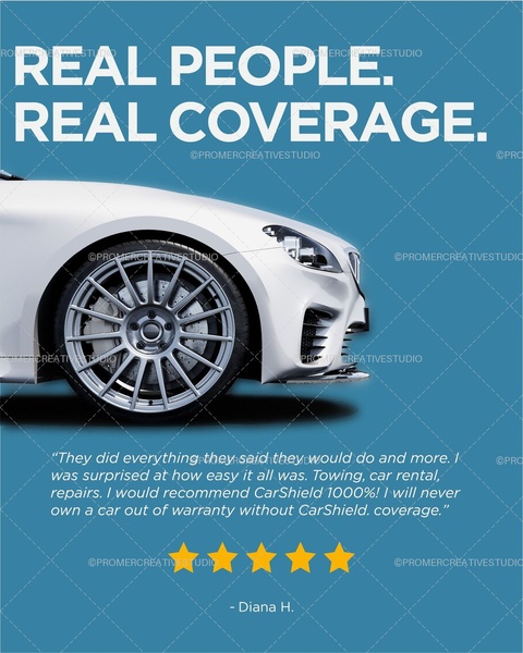 This ad features a high-end car visual paired with a glowing customer testimonial and a five-star rating to establish brand credibility.