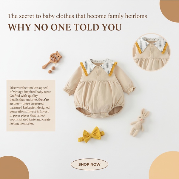 baby romper, infant bodysuit, baby onesie, baby outfit, toddler romper, baby clothing, infant wear, brand awareness, product launch, flat lay, minimalist, warm, luxurious, neutral, brown, yellow