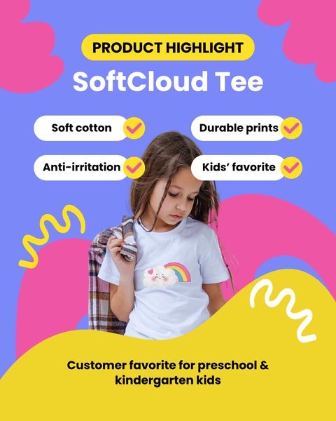 t-shirt, tee, shirt, kids shirt, cotton tee, graphic tee, children's top, product launch, modern typography, playful, purple, pink, yellow