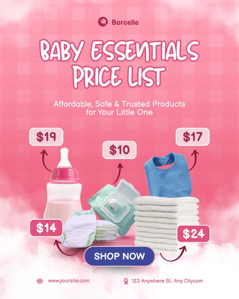 A clean, pink-toned product grid showcasing baby care essentials like diapers, wipes, and feeding bottles with specific price points.
