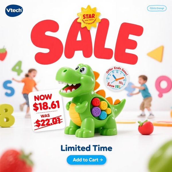 A high-contrast sale creative for a toy dinosaur featuring a clear price comparison and a countdown to drive impulse purchases.
