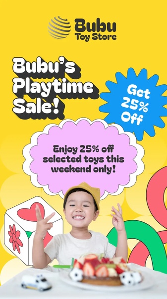A vibrant vertical ad creative featuring a happy child and a 25% discount offer for a weekend sale.