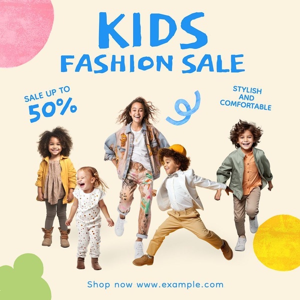 kids fashion sale, children clothing sale, kids apparel promotion, fashion sale event, kids clothing discount, sale promotion, lifestyle, playful, energetic, blue, neutral, yellow