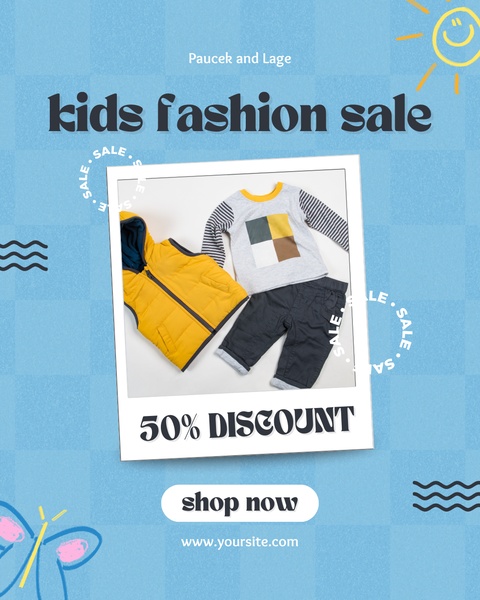 kids clothing, children's apparel, toddler clothes, kids outfits, children's wear, kids fashion, toddler clothing, sale promotion, modern typography, playful, energetic, blue, yellow