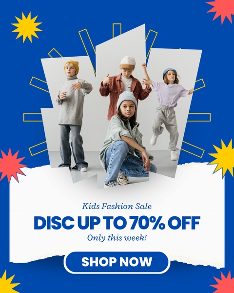 kids clothing, children apparel, youth fashion, kids outfits, children clothing, kids wear, sale promotion, modern typography, playful, energetic, blue, yellow