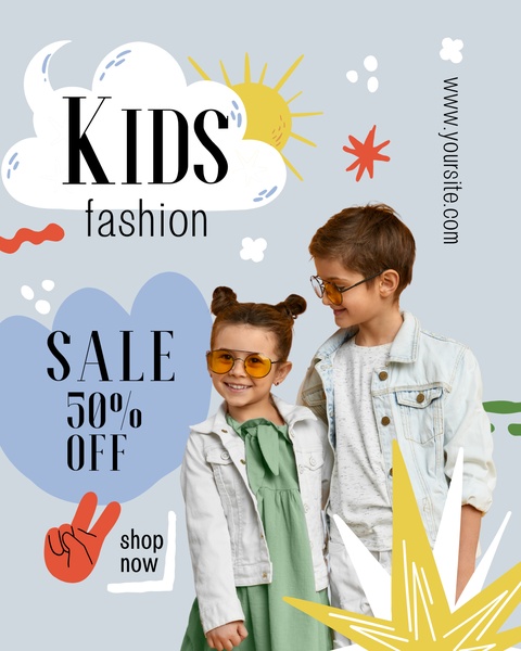 kids clothing, children apparel, kids fashion, toddler clothes, youth clothing, sale promotion, modern typography, playful, neutral, yellow, blue
