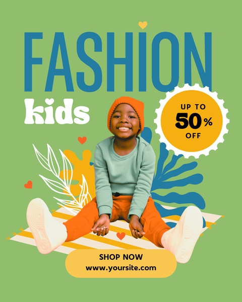 kids clothing, children's apparel, toddler clothes, kids fashion, children's wear, youth clothing, kids outfits, sale promotion, modern typography, playful, energetic, green, orange, blue
