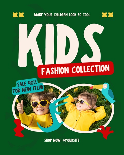 kids clothing, children apparel, toddler clothes, kids fashion, youth clothing, children outerwear, new arrival, sale promotion, modern typography, lifestyle, playful, energetic, green, yellow, red