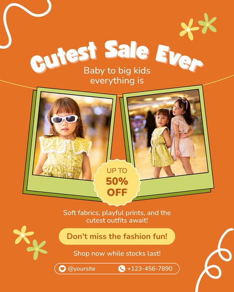 kids clothing, children's apparel, toddler clothes, baby clothes, kids outfits, children's dresses, toddler fashion, sale promotion, modern typography, playful, energetic, orange, yellow