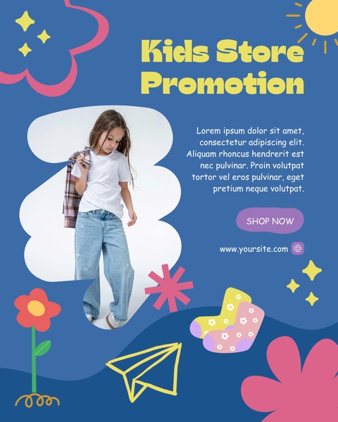 kids clothing, children apparel, youth shirts, kids tops, children outfits, kids fashion, youth clothing, sale promotion, modern typography, playful, energetic, blue, yellow