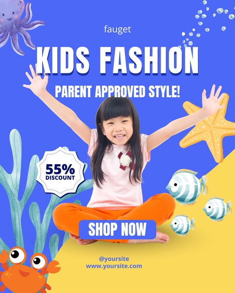 kids clothing, children apparel, toddler clothes, kids fashion, children outfits, youth clothing, kids wear, sale promotion, modern typography, playful, energetic, blue, orange