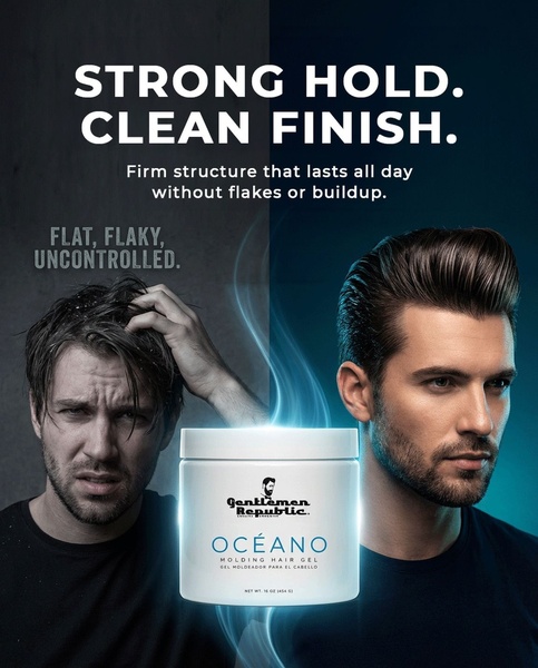 A split-screen composition showing the struggle with unstyled hair versus the sleek, structured results of using Molding Hair Gel.