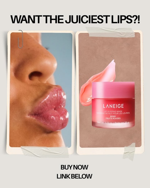 This creative uses a split-screen layout contrasting a close-up of glossy lips with the product packaging to create an immediate visual benefit-led hook.