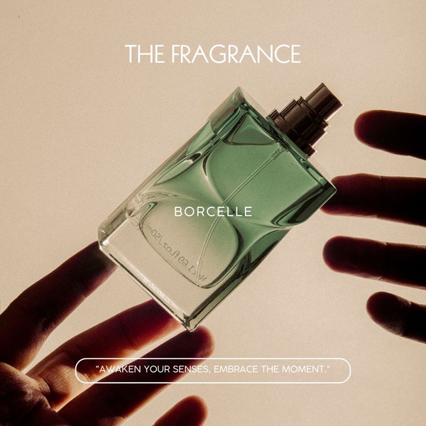 perfume, fragrance, cologne, eau de parfum, scent, brand awareness, minimalist, luxurious, warm, neutral, green