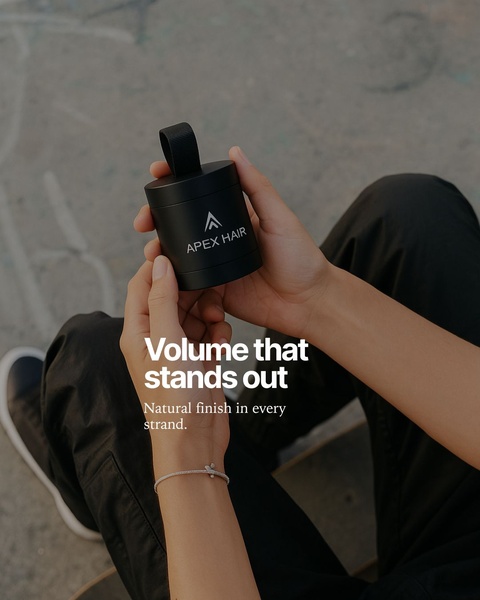 A close-up, first-person perspective shot of a user holding an Apex Hair product canister, emphasizing product clarity and natural results.
