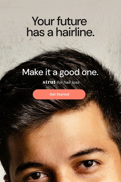 A minimalist, high-contrast ad featuring a close-up portrait of a man, emphasizing the emotional benefit of effective hair loss treatment.