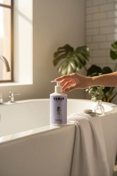 A high-quality studio shot of a moisturizing conditioner bottle positioned on a clean white bathtub edge, utilizing natural light and a soft, airy atmosphere.