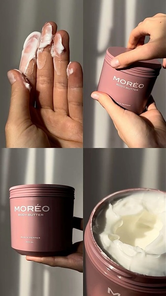 A sensory-focused sequence showing the rich texture of body butter on skin and inside the jar. The creative emphasizes the product quality through close-ups and natural lighting.