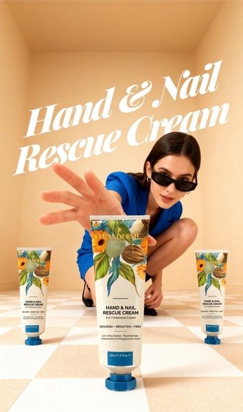 This creative showcases a hand & nail cream in a clean, high-contrast studio setting, utilizing a central model and a symmetrical trio product arrangement.