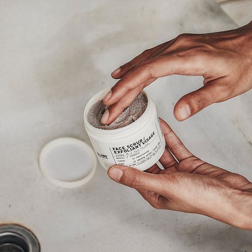face scrub, facial exfoliator, exfoliating scrub, skincare scrub, face polish, facial cleanser, exfoliant, product launch, minimalist, calm, trustworthy, neutral, brown