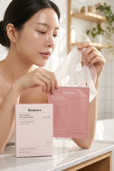face mask, facial mask, sheet mask, skincare mask, beauty mask, collagen mask, product launch, lifestyle, calm, fresh, pink, neutral