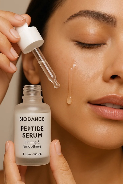 facial serum, peptide serum, anti aging serum, skincare serum, face treatment, beauty serum, firming serum, product launch, lifestyle, calm, luxurious, neutral