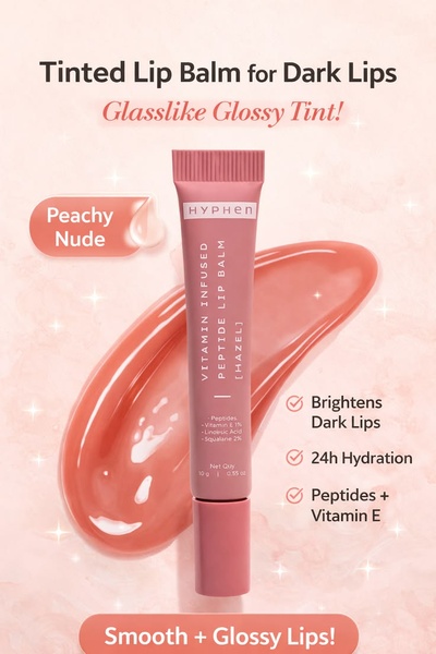 This creative showcases a product benefit-focused layout for a tinted lip balm, highlighting key ingredients and results like hydration and color tint.