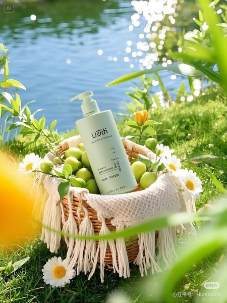 A high-quality product shot of a skin care bottle nestled in a wicker basket with fresh fruit and daisies by a pond, emphasizing natural ingredients.