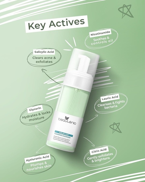facial cleanser, face wash, foaming cleanser, acne cleanser, skincare cleanser, face cleanser, salicylic acid cleanser, product launch, brand awareness, minimalist, modern typography, fresh, trustworthy, green, neutral