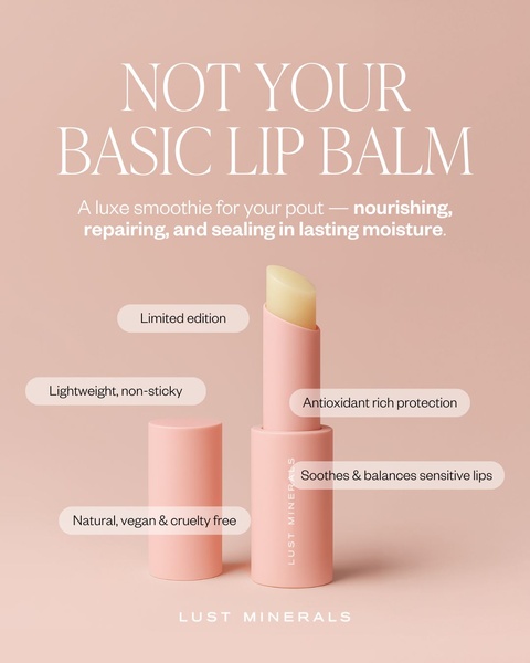 A clean, minimalist product spotlight for a lip balm that uses floating benefit bubbles to communicate value propositions clearly.
