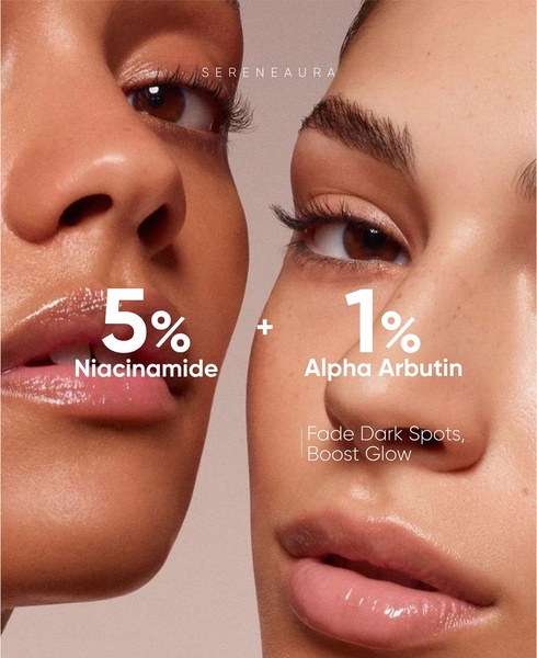 skincare serum, face serum, niacinamide serum, alpha arbutin serum, brightening serum, dark spot treatment, skin treatment, product launch, editorial, luxurious, warm, brown, neutral
