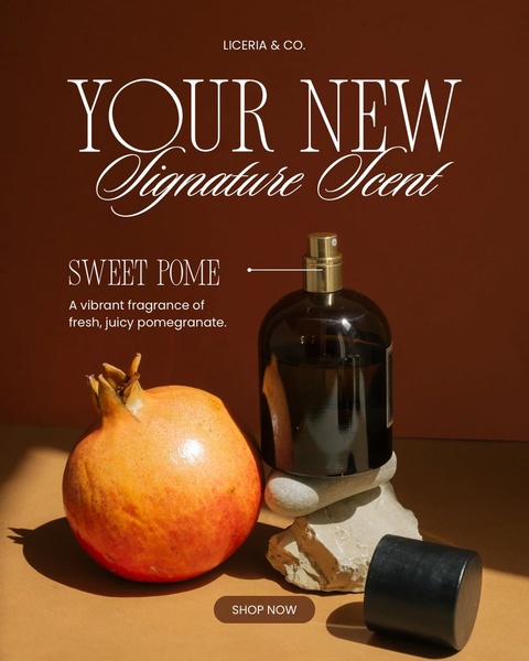 fragrance, perfume, cologne, scent, body spray, new arrival, product launch, minimalist, luxurious, warm, brown, orange