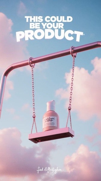 A high-concept, surrealist product photograph of a skin cream bottle resting on a pink swing set against a pastel sky.