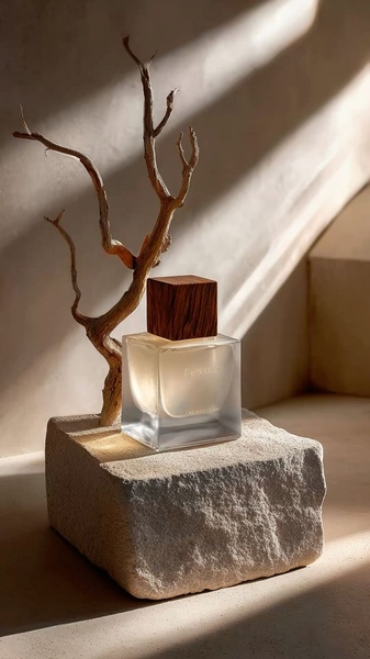 perfume, fragrance, cologne, eau de parfum, scent, brand awareness, minimalist, luxurious, calm, neutral, brown