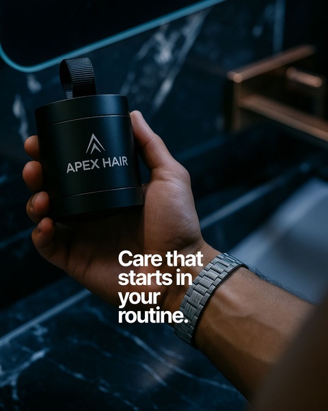 A close-up shot of a hand holding a branded hair care product in a luxury bathroom setting, emphasizing a clean and daily ritual.