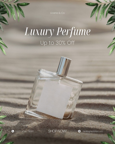perfume, fragrance, cologne, scent, eau de parfum, sale promotion, minimalist, luxurious, calm, neutral, green