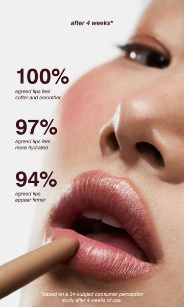 A close-up aesthetic shot of a model applying lip treatment, overlaid with percentage-based claims from a 4-week consumer perception study.