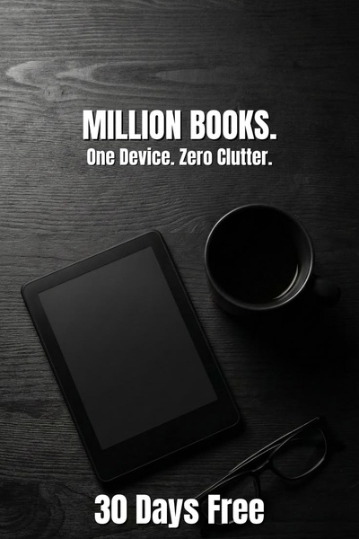 A high-contrast, minimalist photograph of an e-reader next to a coffee mug and glasses, focusing on the product's value proposition.