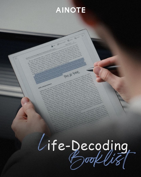 A close-up shot of a user writing on a digital paper tablet, focusing on the tactile reading and note-taking experience.