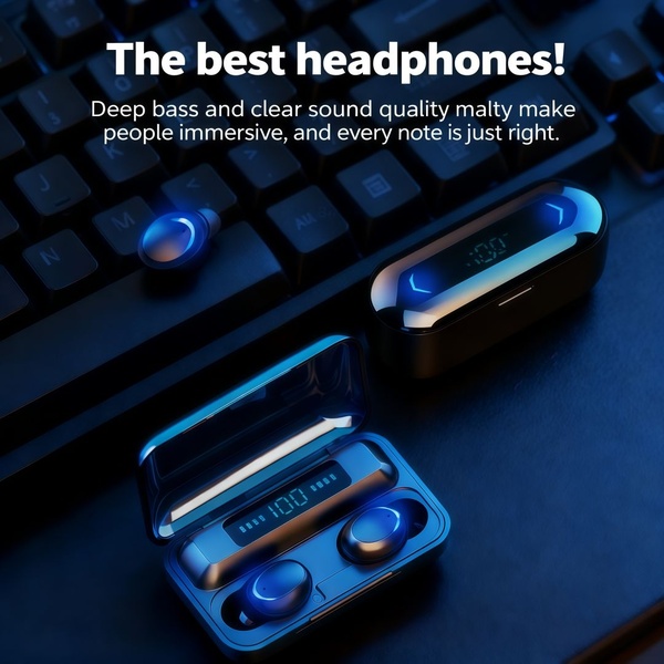A high-contrast, moody close-up of wireless earbuds resting near a backlit mechanical keyboard, emphasizing premium design and technical immersion.
