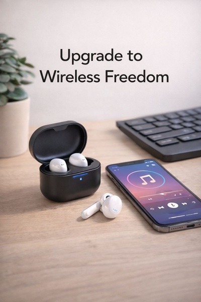 A minimalist product shot featuring wireless earbuds in their charging case alongside a smartphone, emphasizing a clean and modern aesthetic.