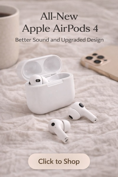 A clean, lifestyle-oriented product shot of the Apple AirPods 4, focusing on the new design and clear product presentation.
