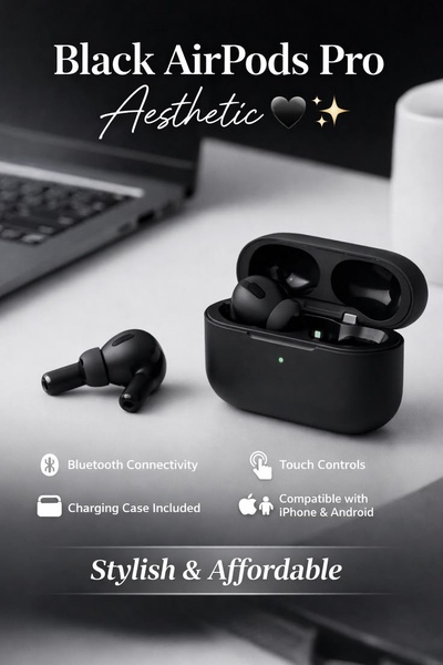 A minimalist, high-contrast product showcase for black earbuds featuring key benefit icons and clean, bold typography.